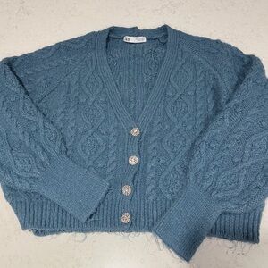 ZARA Blue Cable Knit Cardigan Sweater